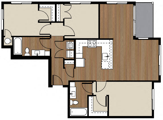 Floor plan for 3 beds, 2 baths, 1105 sqft